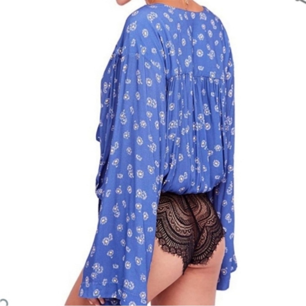 Free People Intimately Forties Feel Blue Daisy V-neck Bodysuit Long Sleeve- L - Picture 4 of 14